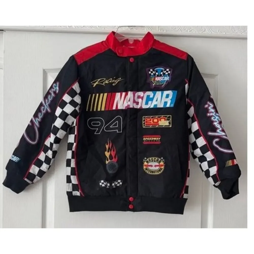 NASCAR Racing Boys 10/12 Black Red #94 Bomber Jacket Checkered Race Car